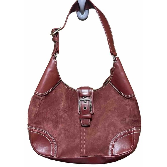 Coach Hamptons Suede Hobo Handbag Wine Burgundy Leather Trim - Picture 1 of 7